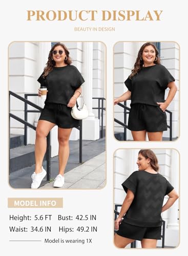 Image of Eytino Women Plus Size 2 Piece Outfits Sweatsuit Short Sleeve Pullover Tops and Drawstring Shorts Pants(1X-5X)
