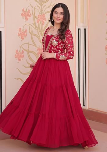 Image of FOXDX Womens Faux Georgette Sequence Embroidered Ankle Length Anarkali Gown for Women| Festival | Trending |