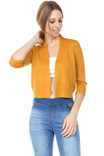 Cielo Women's Soft Solid Colored Open Front 3/4 Sleeve Cardigan Mustard Large