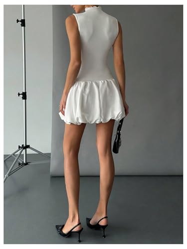 Image of WDIRARA Women's Mock Neck Sleeveless Tank Dress Bubble Sundress Puffy Mini Dresses