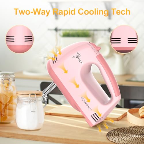 Image of LILPARTNER Hand Mixer Electric, Ultra Power Kitchen Hand Mixer With 7-Speed & 5 Stainless Steel Accessories for Whipping Dough, Cream, Cake, Dishwasher Safe, Light Pink