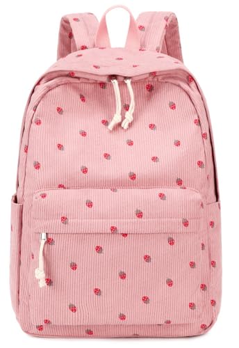 LOIDOU Schulrucksack Mädchen & Jungen Teenageralter Leichter Rucksack Damen für Schule Wasserabweisend Daypack Bookbag Colleg Work (Strawberry rosa Cord)