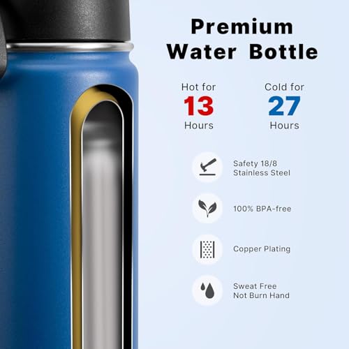 Image of koodee Water Bottle with Straw-22 oz Stainless Steel Vacuum Insulated Sports Water Bottle for Boys, Reusable Metal Water Bottle Flask BPA Free (Navy)