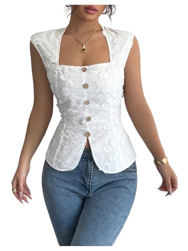 SOLY HUX Women's Summer Floral Embroidery Blouse Square Neck Cap
