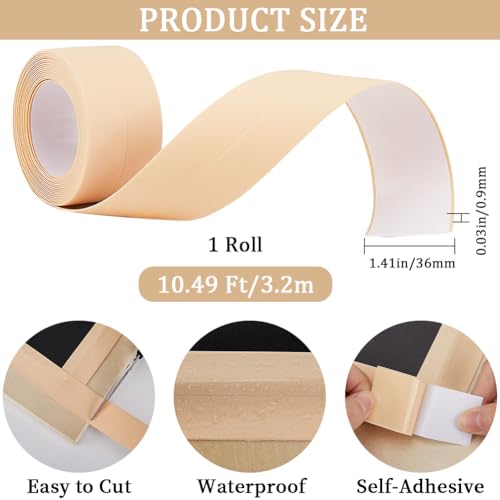 Image of CRASPIRE Caulk Tape Sealant Strip 1.4 inch x 10.5Ft PVC Beige Self Adhesive Waterproof Sealing Tape Strip Caulk Sealer Decorative Trim for Kitchen Sink Bathroom Toilet Floor Corner Edge Protector