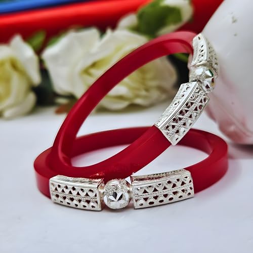 Image of Traditional Maroon Bangles with Antique Silver Work - Set of 2