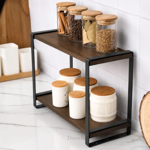 Image of Decorlay Metal & Wooden Spice Rack Organizer Space Saver Counter-top Storage for Kitchen, Bathroom, Office, and Cosmetics (Brown + Black, Two - Tier)