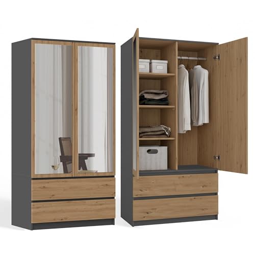 CDF Armoire Chambre avec Miroir 2 Portes 2 Tiroirs avec Etagères, Adult Bedroom Armoire Une...