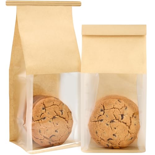 Ohuimrt 50 PCS Small Bakery Bags with Windows, 3.9 x 3.5 x 9.5 Inch Tin Tie Tab Lock Paper Cookie Bags Bake Sale Packaging for Muffins, Desserts, Brownies, Treats, Pastries, Popcorn, Candies