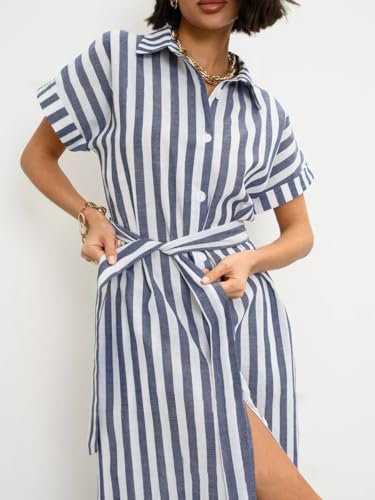 Image of chouyatou Women's Summer Short Sleeve Striped Shirt Dress Beach Maxi Long Belted Casual Button Down Dress
