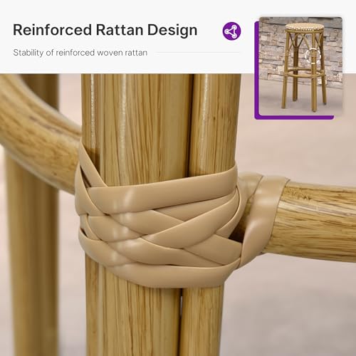 Image of PURPLE LEAF Outdoor Round Bar Height Stool Set of 2 Patio Backless Barstools Aluminum Frame in Bamboo Finish with Amber & White Woven Rattan for Indoor Kitchen Dining Bistros Cafe Restaurant