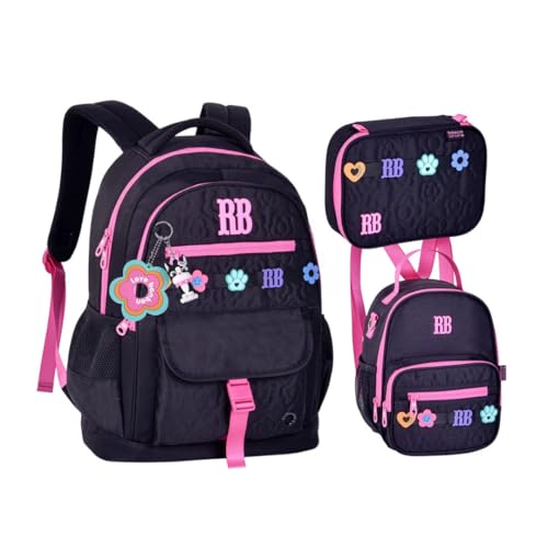 Kit Mochila de Costas Lancheira Térmica e Estojo Box Rebecca Bonbon Flower Power RB26235 (Preto)