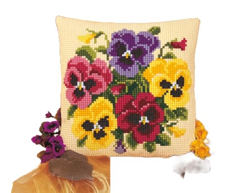 Image of Vervaco Cross Stitch Cushion kit Pansy Posy, 100% Cotton