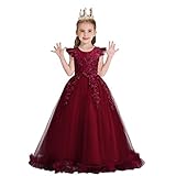MYRISAM Girl's Embroidery Tulle Lace Maxi Flower Girl Wedding Dress Birthday Pageant Communion Dance Party Tulle Gown Burgundy 5-6T