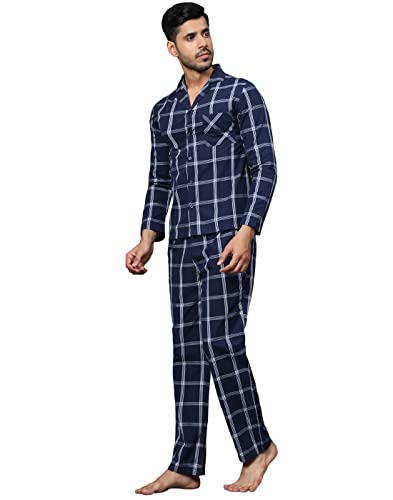 Image of B STORIES Men's 100% Cotton Full Sleeve PJ Set - Checkered Nightwear Set | Soft Loungewear | Comfortable Sleepwear | Stylish Casual Home Wear Shirt & Pant (S-XXL)