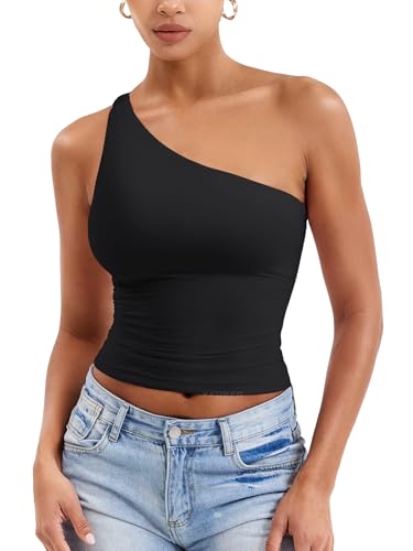 YEOREO Womens One Shoulder Tops Sleeveless Going Out Tank Top Fanciy Double Lined Cropped Tee Y2K Summer Shirts Slim Fit Black M