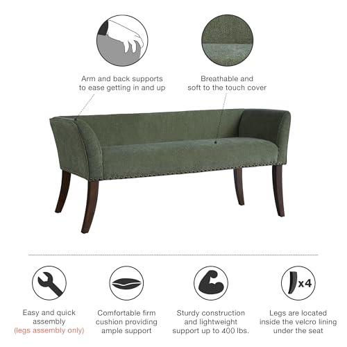 Image of Madison Park Accent Bench, Plush Upholstered, Nailhead Trim, & Padded Seat Entryway Bench Small, End of Bed Bench with Back, 49.5 inch W x 19.25 inch D x 23 inch H, Green