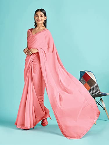 Image of AKHILAM Women's Black Embellished Georgette Saree With Unstitched Blouse Piece