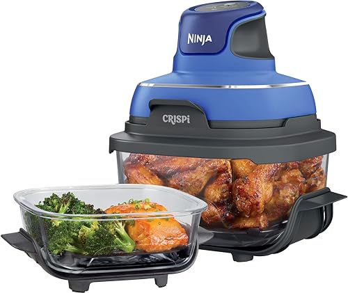 Image of Ninja Crispi Air Fryer, Microwave, Freezer & Dishwasher Safe, Non Toxic Glass Portable Cooking System, 4 QT & 6 Cup Glass Containers with Storage Lids, Easy Meals, Air Fry, Bake, Blue (Renewed)