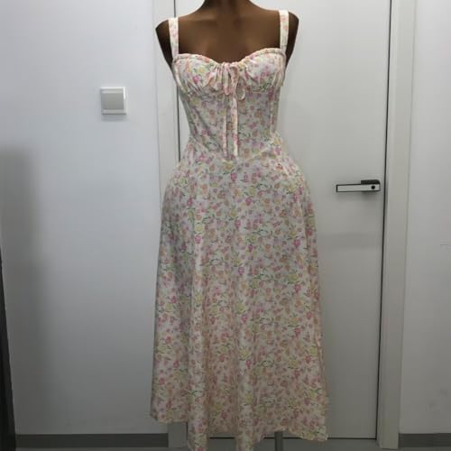 Image of Floral Corset Midi Dress Square Neck A Line Dress with Slit