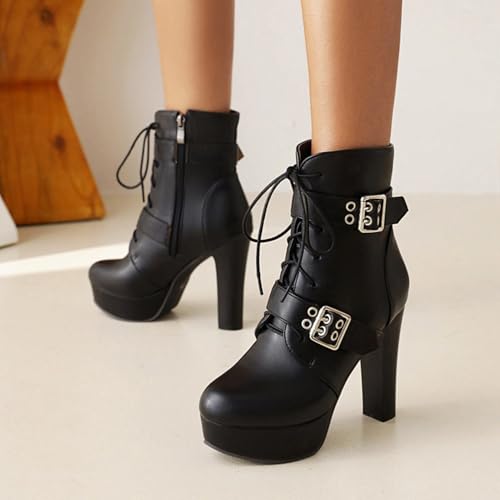 Alyaafifa Lace Up Chunky Heel Combat Boots for Women Platform Ankle Booties Matte Leather Closed Toe High Heel Short Boots with Studs Sexy Vintage Dress Shoes2