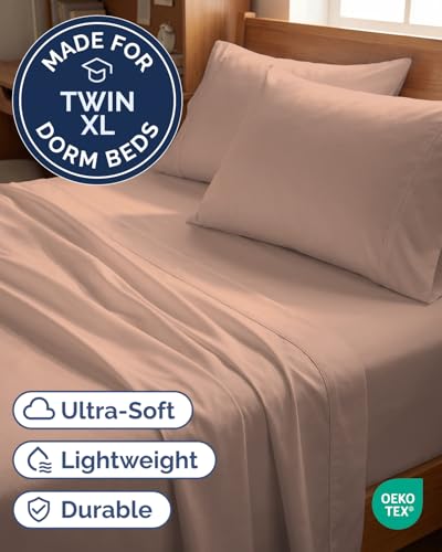 Image of Twin XL 4 Piece Sheet Set - College Dorm Room Essentials - Mauve | Ultra Soft Dorm Bedding Set, 8 inch to 16 inch Inch Deep Pockets, 1 Flat & 1 Fitted Sheet & 2 Pillowcases, Wrinkle & Fade Free