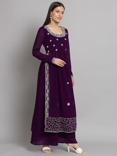 Image of PH POSHAKHUB Women A-Line Nyra Cut Kurta with Sharara in Georgette with Aari Work