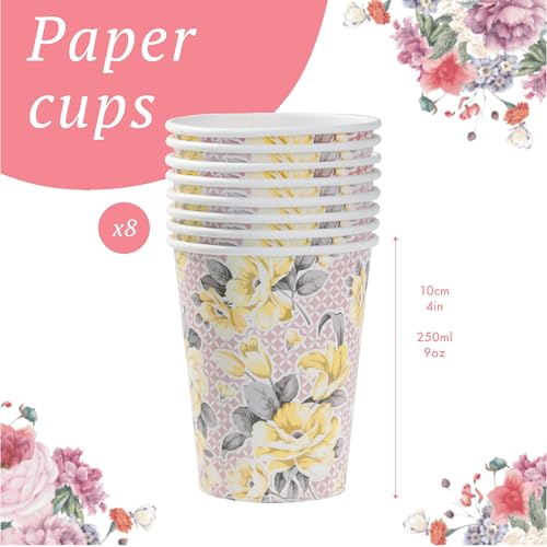 Talking Tables 8 x Pretty Floral Paper Cups – Recyclable Disposable Party Cups Vintage Afternoon Tea Party Table Decorations for Mother's Day Birthdays, Weddings, Baby Showers – Pink & Yellow 225ml