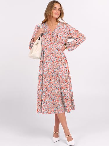 Image of ANRABESS Women's Long Lantern Sleeve Floral Midi Dresses 2026 Fall V Neck Casual Flowy A-line Tiered Boho Vacation Dress