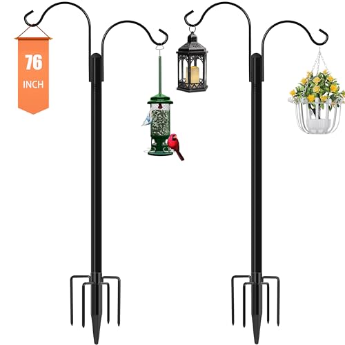 Ottsuls Bird Feeder Pole, 2 Pack 76 INCH Double Shepherds Hooks for Outdoor, Garden Pole with 5 Base Prongs Heavy Duty Planter Hooks for Hanging Plant Baskets, Lantern, Hummingbird Feeder