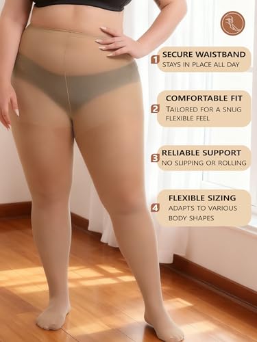Image of Plus Size Sheer Tights for Women 20D Control Top Pantyhose Soft Stockings with Reinforced Toes 2 Pairs