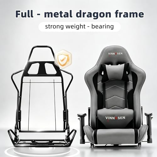 VINNYSEN Gaming Chair Computer Chair, Ergonomic High Back Fabric GamingChair 3D Handrail, Tilt 180° and Height Adjustable ComputerChair with Neck and Massaging Lumbar Support (Grey)