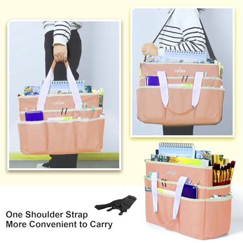 Image of JJRING Craft Organizer Tote Bag, Large Art Storage Caddy with Multiple Pockets, Beige Sewing Bag for Art, Craft, Scrapbooking, School, Medical, and Office Supplies Storage