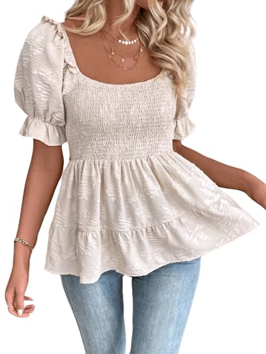 SOLY HUX Women's Summer Peplum Tops Square Neck Ruffle Short Sleeve Blouse Casual Shirred Shirts