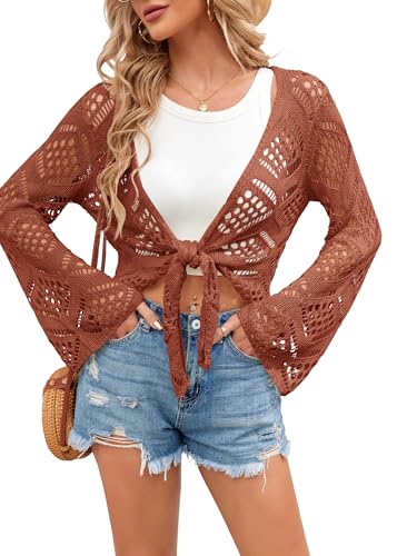 Saodimallsu Damska letnia kurtka z dzianiny z dekoltem w kształcie litery V, styl boho, oversize, z długim rękawem, z dzianiny, seksowny kardigan, na plażę, bikini, czerwony, L