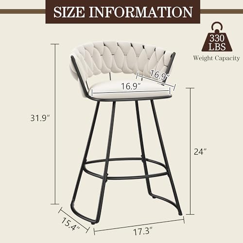 Butacos de Barra Modernos Yongchuang, Set de 2 Unidades, Asiento Grande Tapizado en Terciopelo, Espalda Tejida, Altura para Isla de Cocina, Color Marfil miniatura 2
