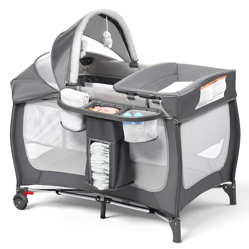 Image of Kinder King 4 in 1 Portable Pack and Play, Baby Playard w/Bassinet, Large Playpen for Infant and Toddler, Newborn Changing Table, Adjustable Canopy, Storage Basket, Travel Bag, Grey