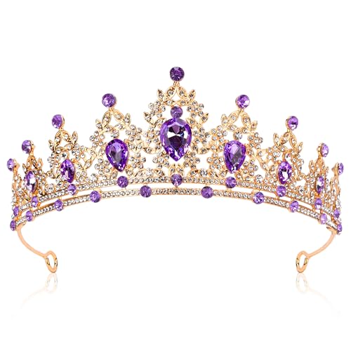 Purple Crown Tiara for Women Queen Crown Rhinestone Wedding Birthday Hair Accessories Costume Party Halloween Decor Prom Gifts (Gold Purple)