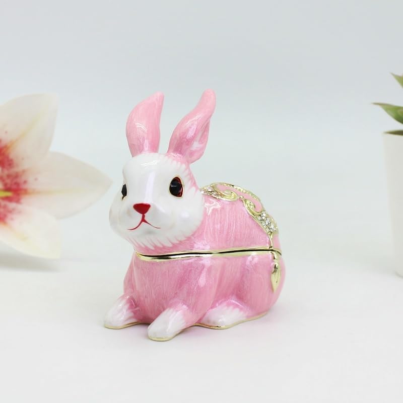 HUFFA Hand Painted Enamel Rabbit Jewelry Box - Hinged Trinket Box | Collectible Metal Figurine for Home Decor(pink)