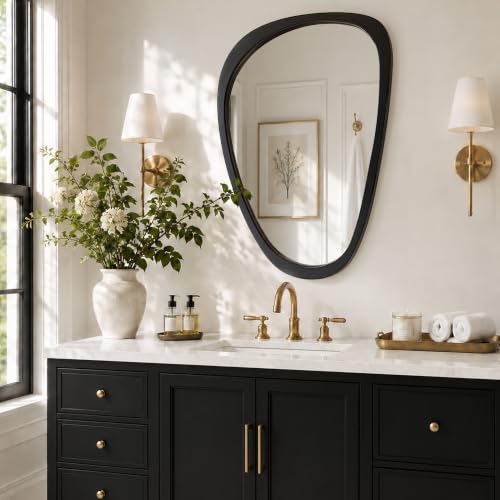 Image of Solid Wood 30x20 Matte Black Organic Irregular Wall Mirror Decor