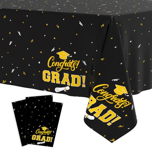 Tbsone Graduation Tablecloth 2026 3 Pack Disposable Plastic Table Covers 54 x 108 Congrats Grad Party Supplies for College & High School Graduation (Black)