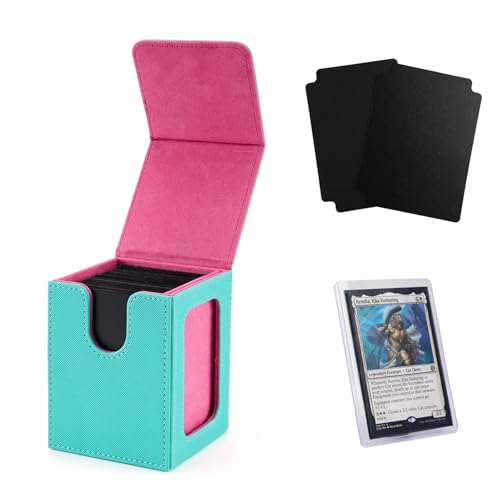 Image of Venssu MTG Deck Box for Commander Display,Card Deck Box Fits 100 Double Sleeved Cards,TCG with 2 Dividers and 1 Toploader (Turquoise and Pink)