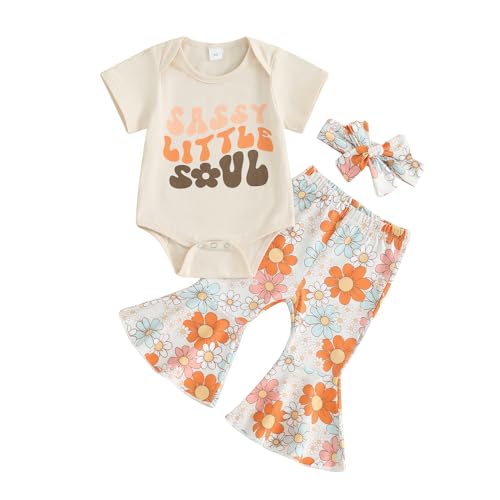 Image of Karuedoo Newborn Baby Girl Summer Outfits Sassy Little Soul Romper Boho Floral Flared Pants Headband 3Pcs Clothes Set
