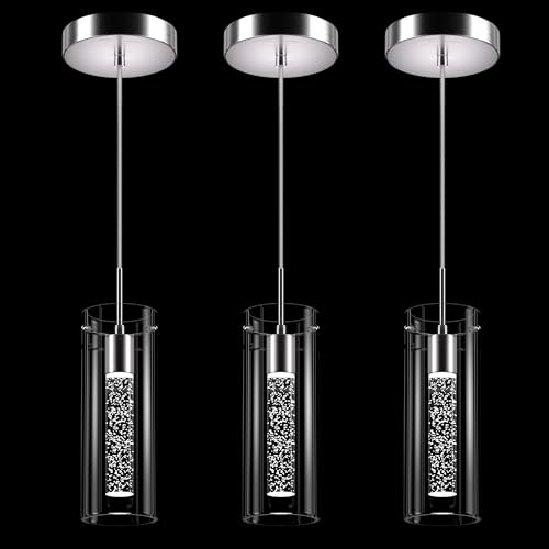Esfos Pendant Ceiling Light Fixture, LED Kitchen Lighting Crystal Pendant Lights Kitchen Island, 1-Light Integrated Kitchen Hanging Light Fixture Modern Island Light with Bubble Glass Three Pack