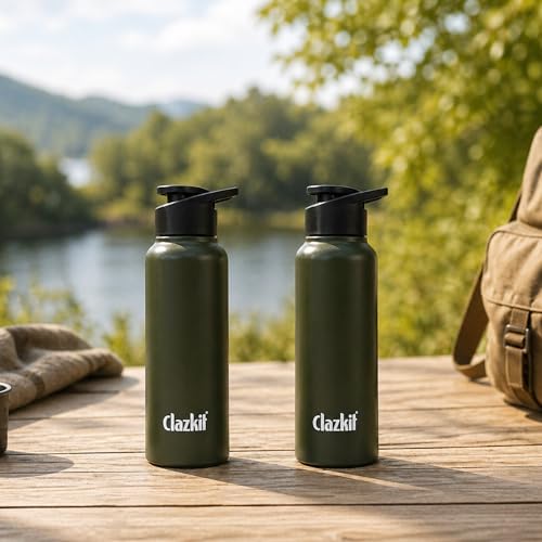 Image of Clazkit Alpha Sporty Stainless Steel Water Bottle Single Wall 750ml Set of 2 | Lightweight, Leak-Proof, Reusable | Ideal for School Kid, Office, Gym & Travel | Green