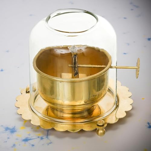 Image of Sanvatsar Traditional Brass Incense Burner, Gold, Decorative Dome Design with Lattice Pattern, Smoke Diffuser for Home (Brass Akhand Jyot Diya)