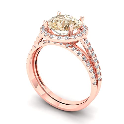 Clara Pucci 2.72ct Round Cut Halo Solitaire Natural Brown Morganite Engagement Promise Anniversary Bridal Ring Band set 18K Rose Gold2