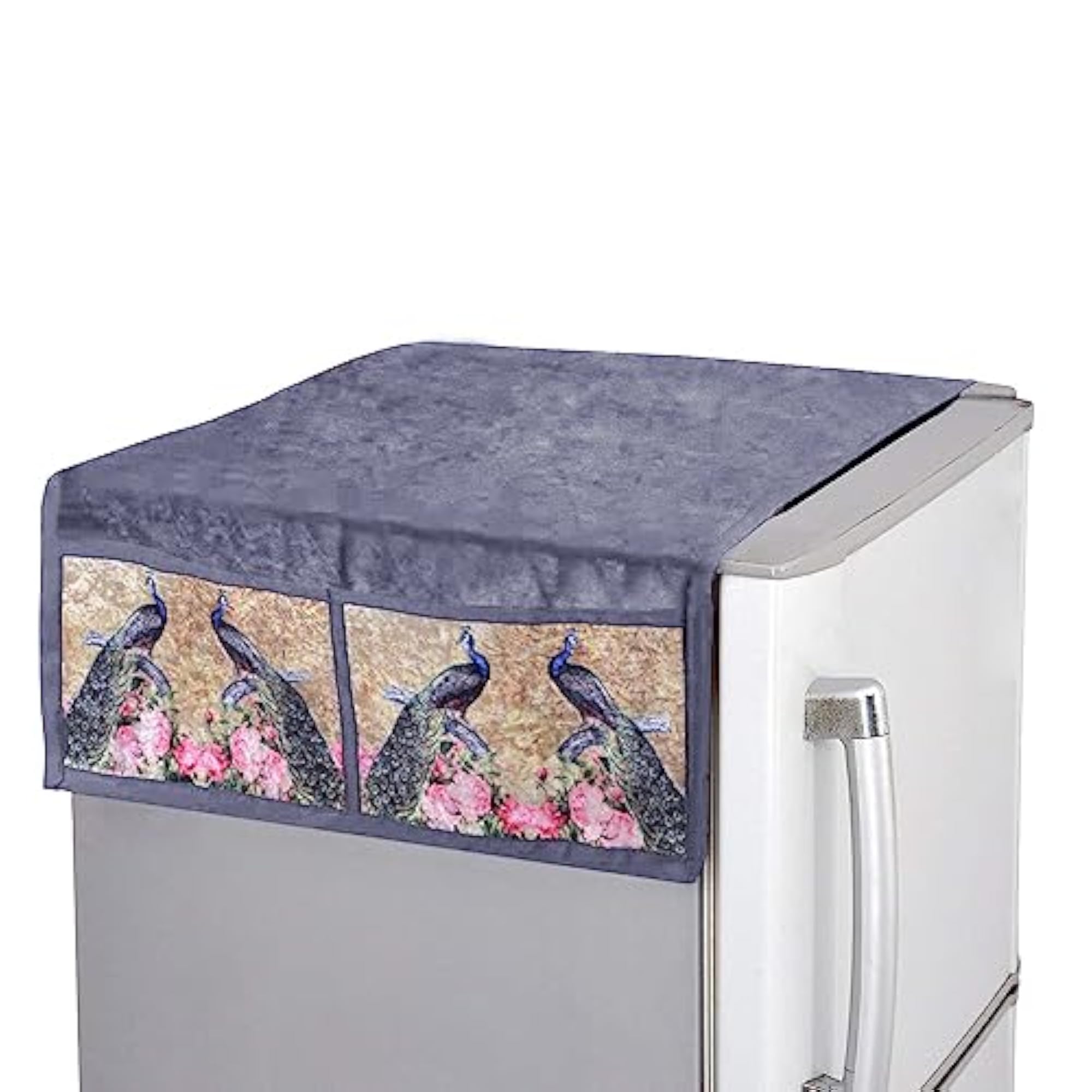 Solid Print Fridge Cover with Side Pockets, Washable Cotton