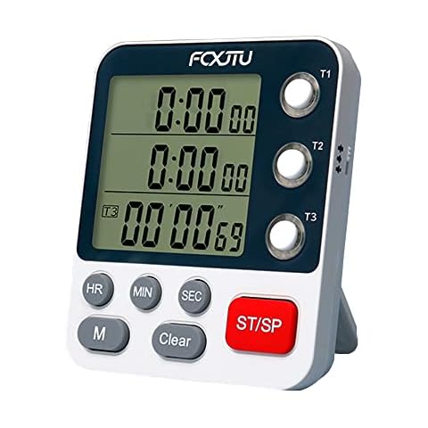 FCXJTU Digital Dual Kitchen Timer, 3 Channels Count UP/Down Timer, Cooking Timer, Large Display, Loud Volume Alarm and Flashing Light with Magnetic Back, Stand, Battery Included (White) Cover