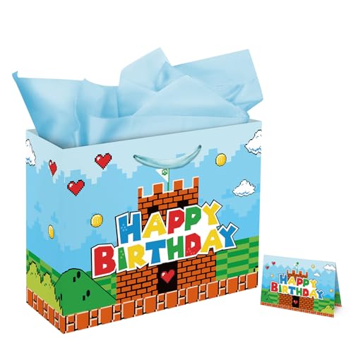 13 Large Super Brother Gift Bag Set with Greeting Card and Tissue Papers Video Games Theme Happy Birthday Gift Bags for Birthday Party Celebration.